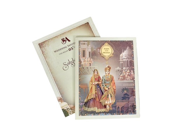 Royal Bride & Groom Palace Theme Wedding Invitation Card - A-203