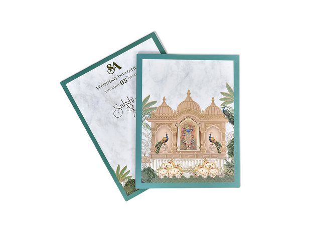 Temple Theme Wedding Invitation Card with Peacock Design - A-208