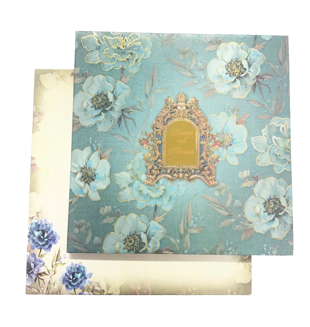Blue Floral Wedding Invitation Box with Royal Gold Frame - AC-457