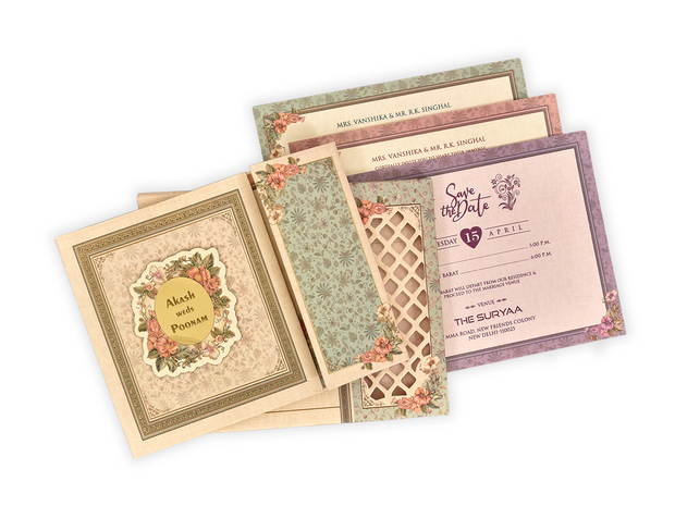 Beige Floral Wedding Invitation with Elegant Cutwork Design - AC-509