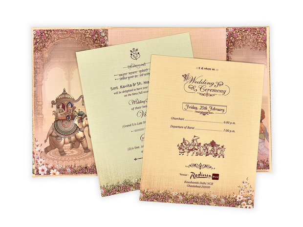 Royal Dome Wedding Invitation Card with Elephant Ride Artwork - AC-537