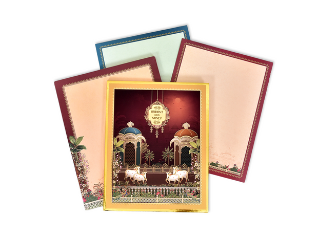 Royal Maroon & Gold Wedding Invitation with Elephant and Palace Theme - AC-540
